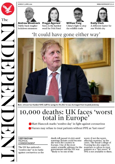 The Independent Newspaper Front Page (UK) for 13 April 2020