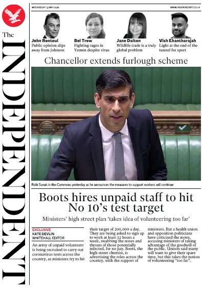 The Independent Newspaper Front Page (UK) for 13 May 2020