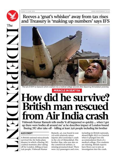 The Independent Newspaper Front Page (UK) for 13 June 2025