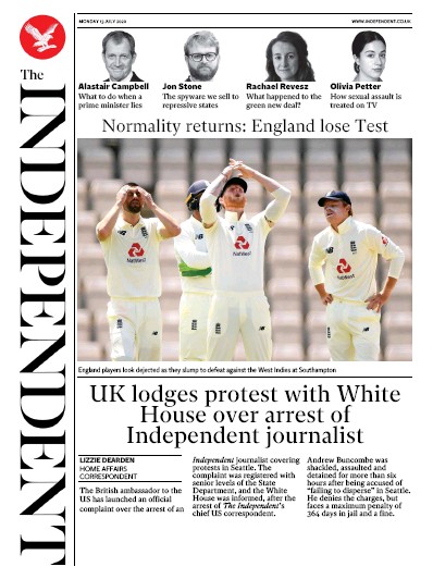 The Independent Newspaper Front Page (UK) for 13 July 2020