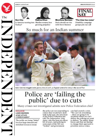 The Independent Newspaper Front Page (UK) for 13 August 2018