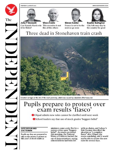 The Independent Newspaper Front Page (UK) for 13 August 2020