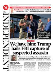 The Independent front page for 13 September 2025