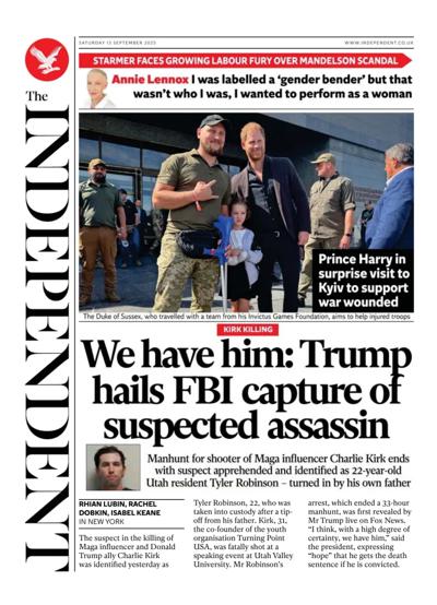 The Independent Newspaper Front Page (UK) for 13 September 2025