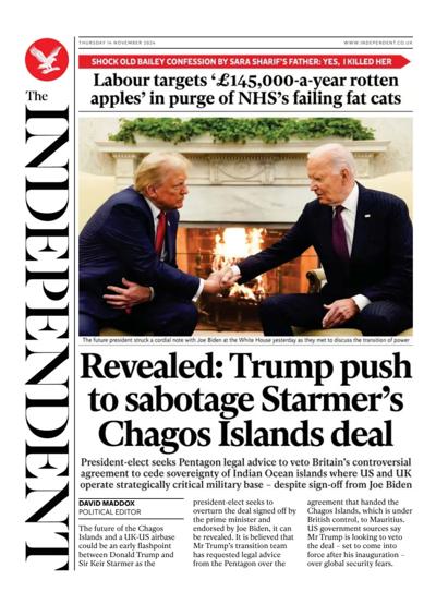 The Independent Newspaper Front Page (UK) for 14 November 2024