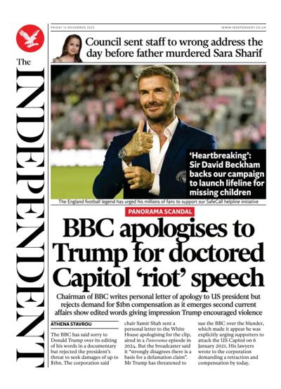 The Independent Newspaper Front Page (UK) for 14 November 2025