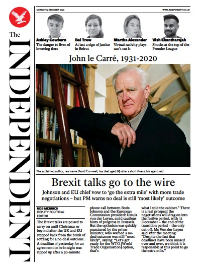 The Independent Newspaper Front Page (UK) for 14 December 2020