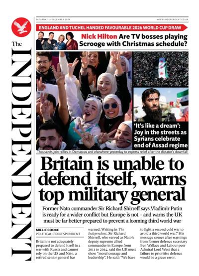 The Independent Newspaper Front Page (UK) for 14 December 2024