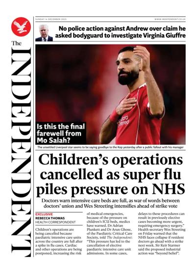 The Independent Newspaper Front Page (UK) for 14 December 2025