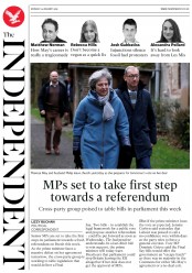 The Independent (UK) Newspaper Front Page for 14 January 2019