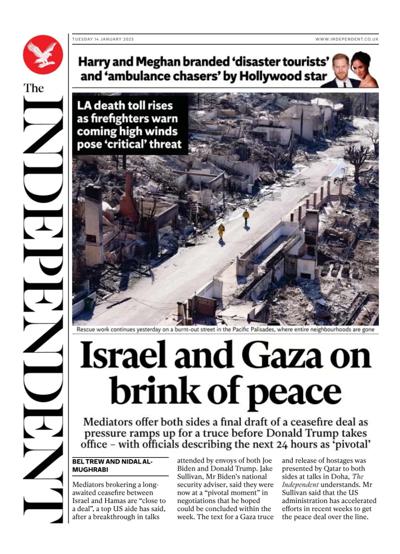 The Independent Newspaper Front Page (UK) for 14 January 2025