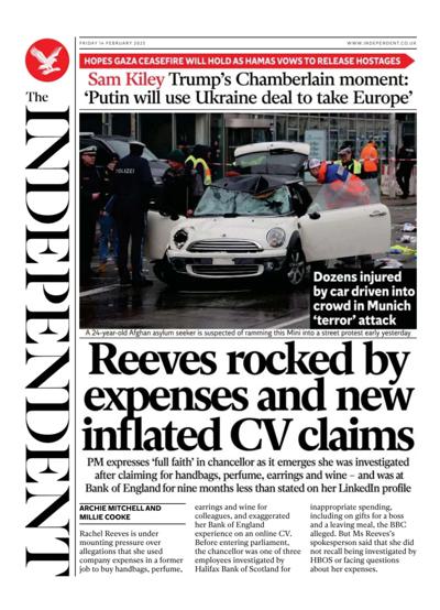 The Independent Newspaper Front Page (UK) for 14 February 2025