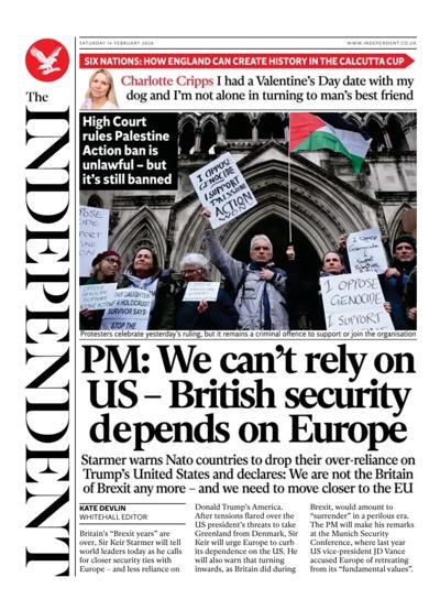 The Independent Newspaper Front Page (UK) for 14 February 2026