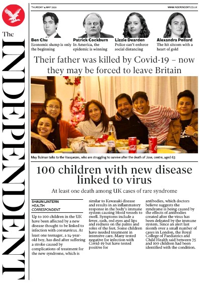 The Independent Newspaper Front Page (UK) for 14 May 2020