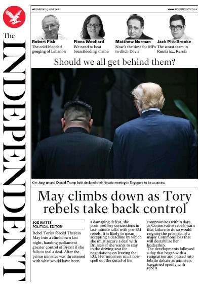 The Independent Newspaper Front Page (UK) for 14 June 2018