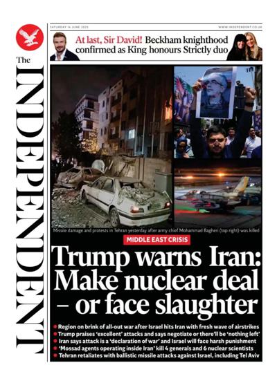 The Independent Newspaper Front Page (UK) for 14 June 2025