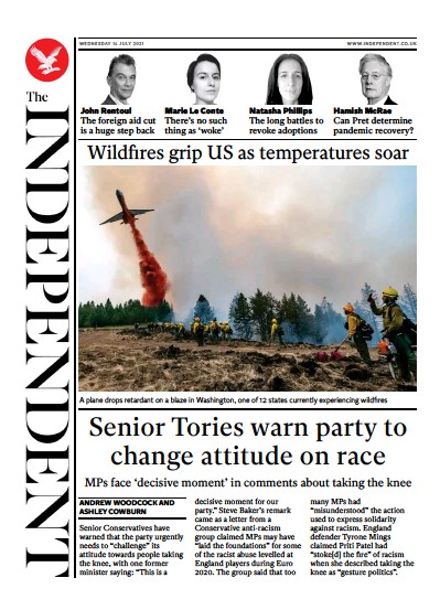 The Independent Newspaper Front Page (UK) for 14 July 2021