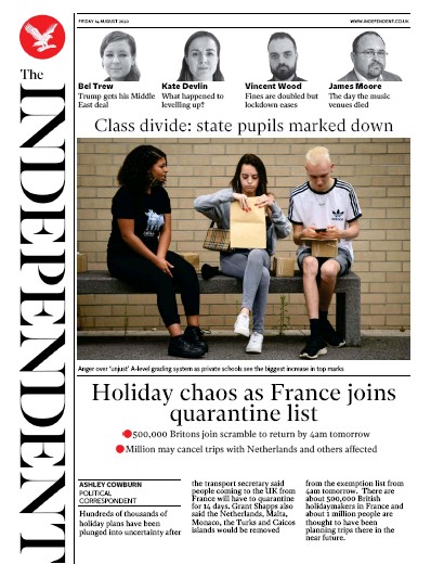 The Independent Newspaper Front Page (UK) for 14 August 2020