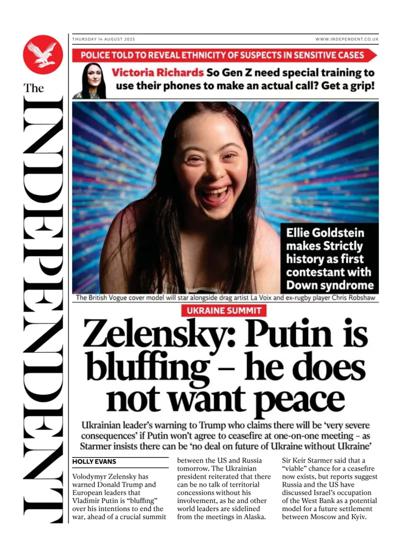 The Independent Newspaper Front Page (UK) for 14 August 2025