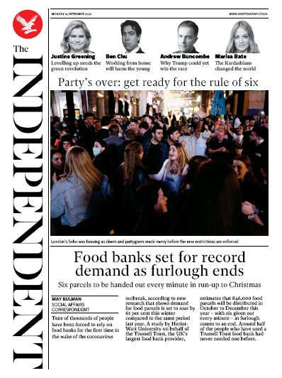 The Independent Newspaper Front Page (UK) for 14 September 2020