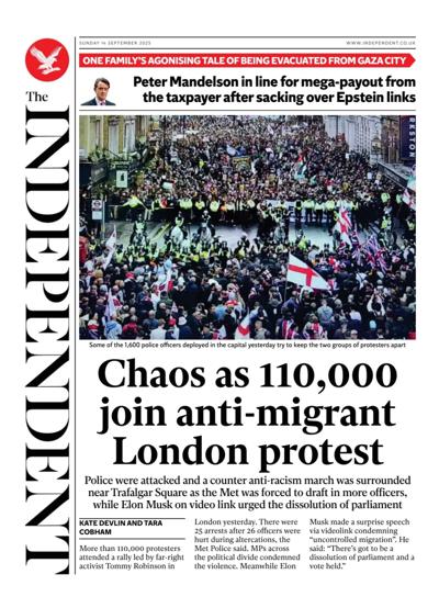 The Independent Newspaper Front Page (UK) for 14 September 2025