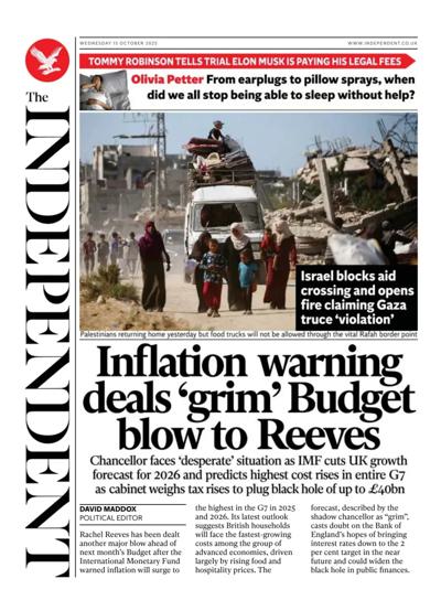 The Independent Newspaper Front Page (UK) for 15 October 2025