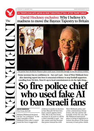 The Independent Newspaper Front Page (UK) for 15 January 2026