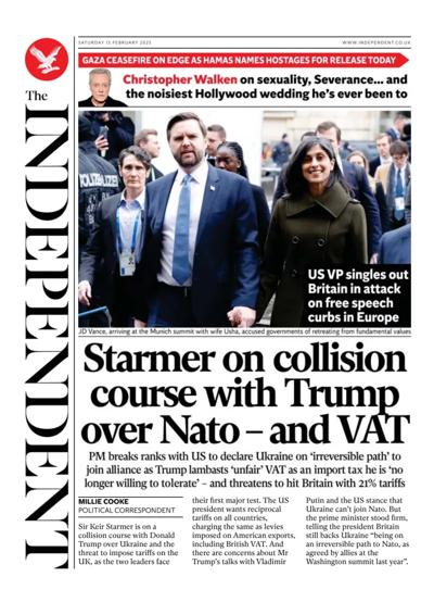 The Independent Newspaper Front Page (UK) for 15 February 2025