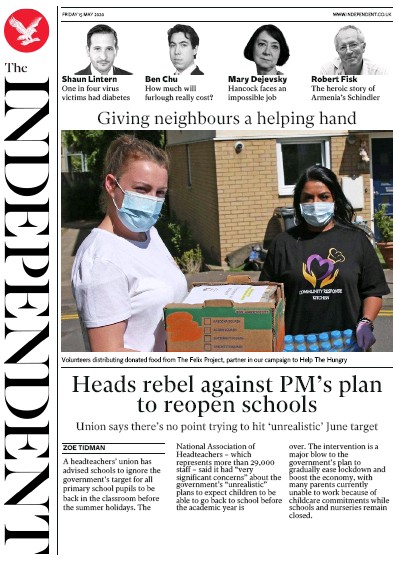 The Independent Newspaper Front Page (UK) for 15 May 2020