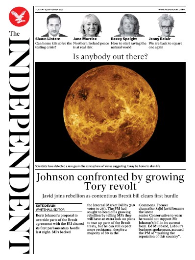 The Independent Newspaper Front Page (UK) for 15 September 2020