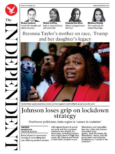 The Independent Newspaper Front Page (UK) for 16 October 2020