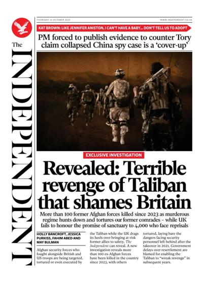 The Independent Newspaper Front Page (UK) for 16 October 2025