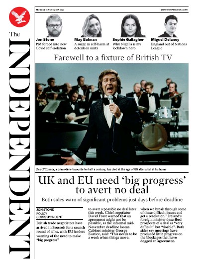 The Independent Newspaper Front Page (UK) for 16 November 2020