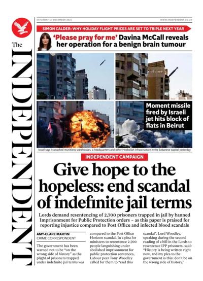 The Independent Newspaper Front Page (UK) for 16 November 2024