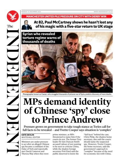 The Independent Newspaper Front Page (UK) for 16 December 2024