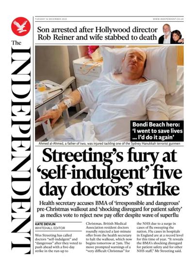 The Independent Newspaper Front Page (UK) for 16 December 2025
