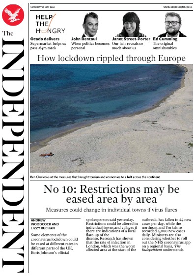 The Independent Newspaper Front Page (UK) for 16 May 2020