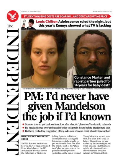 The Independent Newspaper Front Page (UK) for 16 September 2025