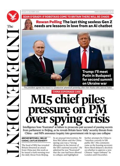 The Independent Newspaper Front Page (UK) for 17 October 2025