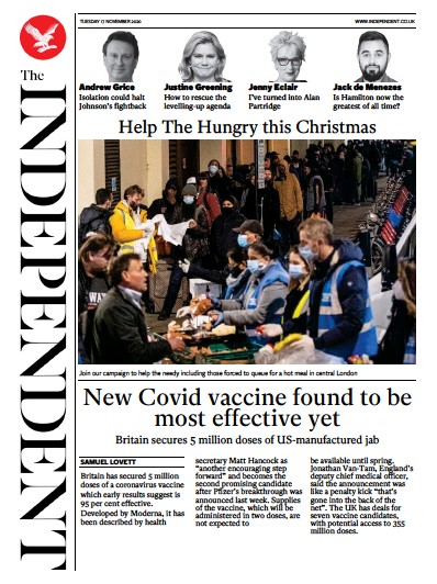 The Independent Newspaper Front Page (UK) for 17 November 2020