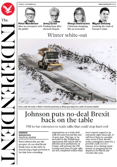 The Independent Newspaper Front Page (UK) for 17 December 2019