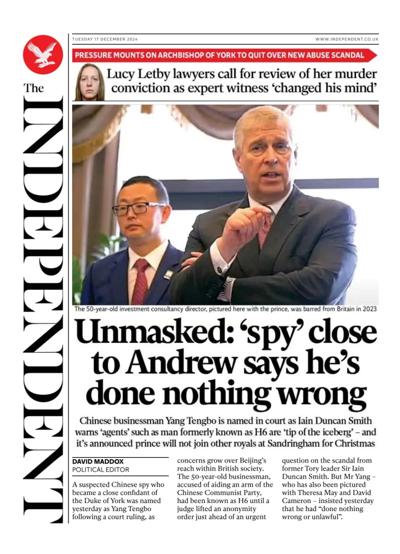 The Independent Newspaper Front Page (UK) for 17 December 2024