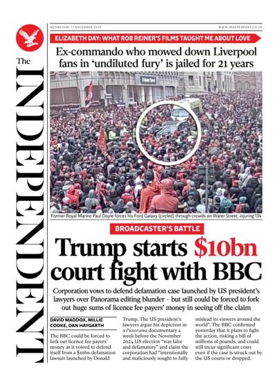 The Independent Newspaper Front Page (UK) for 17 December 2025