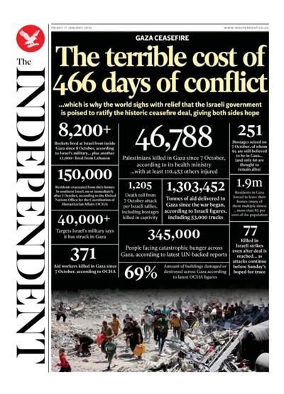 The Independent Newspaper Front Page (UK) for 17 January 2025