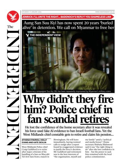 The Independent Newspaper Front Page (UK) for 17 January 2026