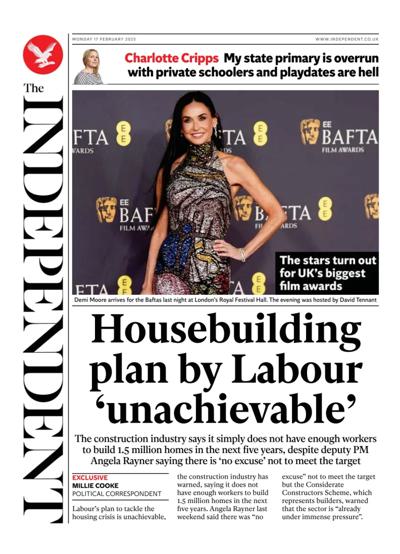 The Independent Newspaper Front Page (UK) for 17 February 2025