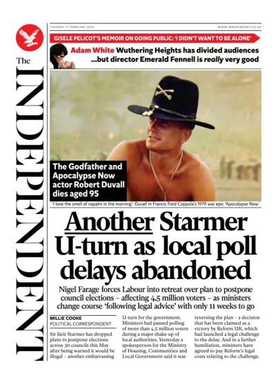 The Independent Newspaper Front Page (UK) for 17 February 2026
