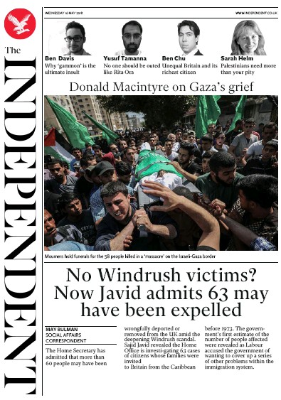 The Independent Newspaper Front Page (UK) for 17 May 2018