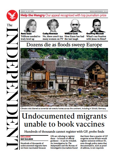 The Independent Newspaper Front Page (UK) for 17 July 2021