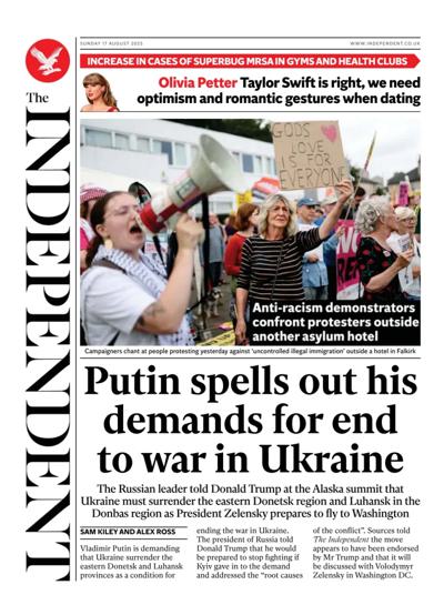 The Independent Newspaper Front Page (UK) for 17 August 2025